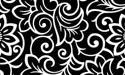 Fototapeta premium Black and white floral blooming flowers pattern with elegant swirls. artistic ornamental.