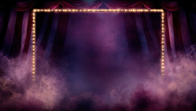 Illuminated Stage Frame with Dramatic Purple Haze and Smoke.