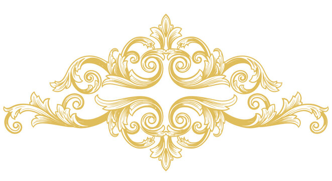 Golden baroque vintage ornament with elegant floral scrollwork isolated on white background