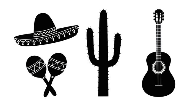 Sombrero maracas cactus guitar icons.
