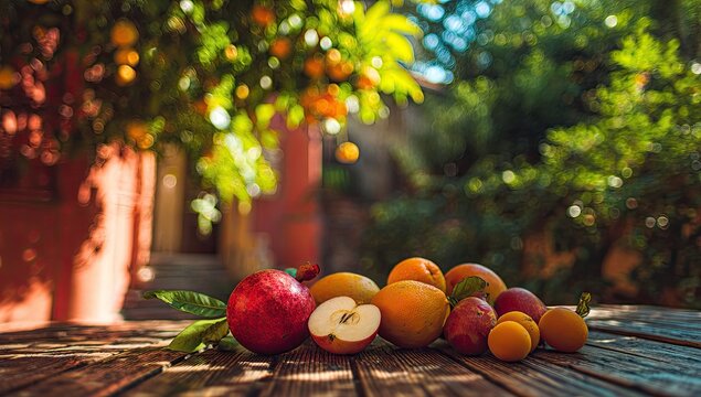 Freshly Harvested Orchard Fruits Displayed on Rustic Wooden Table Outdoors.