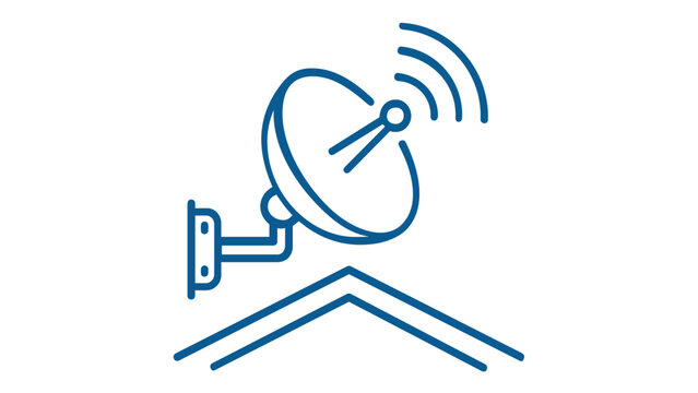 Blue line vector icon illustration of a satellite dish antenna for telecommunications, broadcasting, and wireless signal reception, minimalist flat design for technology, internet, and data.