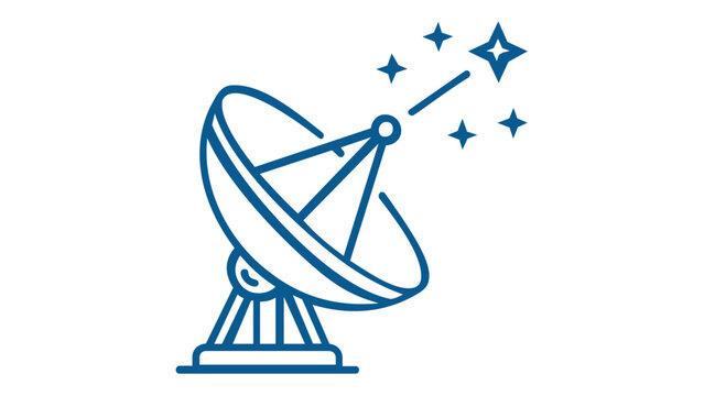 Blue minimalist line art vector icon illustration of a satellite dish parabolic antenna pointing towards stars, representing space communication, telecommunications, signal, and astronomy.