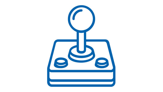 Retro arcade joystick vector icon illustration with blue outlines. Minimalist flat design of a classic gaming controller with buttons for video games, technology, and entertainment apps.