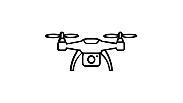 Minimalist black line icon of a drone with a camera, vector illustration of a quadcopter for technology, aerial photography, and surveillance concepts. Scalable flat design for web and mobile.