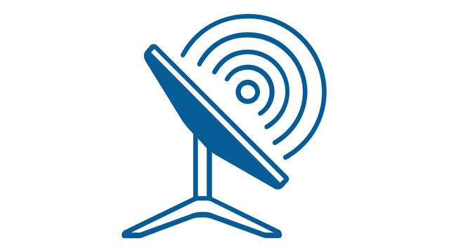 Blue line icon illustration of a satellite dish antenna for telecommunication, broadcasting, and wireless signal transmission, featuring a minimalist flat design for technology and media assets.