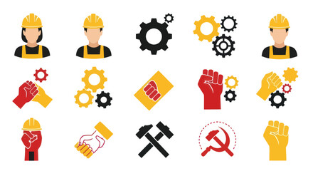 Fototapeta premium Collection of Labor Day and industrial worker solidarity icons.