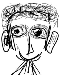 Minimalist Blue Ink Hand Drawn Sketch of a Smiling Man with Spiky Hair and Large Ears © photographer kalai