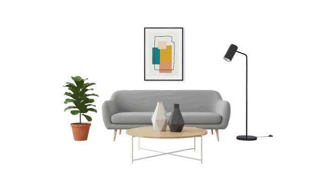 Minimalist modern living room interior with grey sofa and decor isolated on white background