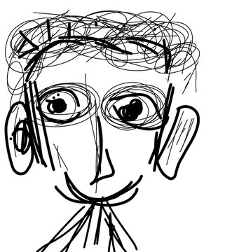 Minimalist Blue Ink Hand Drawn Sketch of a Smiling Man with Spiky Hair and Large Ears