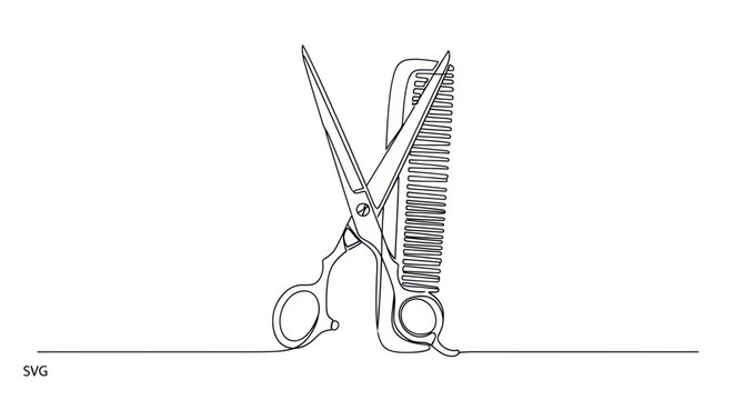 Continuous line drawing of scissors and comb for hairstyling, isolated on white.