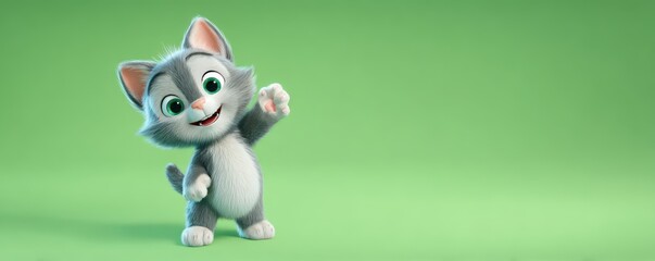 cute cartoon cat with a raised paw on a green background