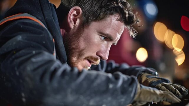 Focused man working on a laptop at night in an urban setting illuminated by bokeh lights a portrait of dedication and modern technology
