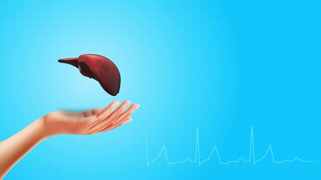 Liver on Hand with Heartbeats on Blue Background