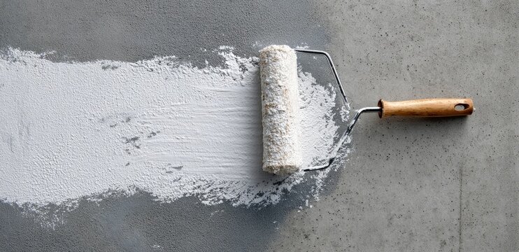Close-up of a paint roller applying white paint to a textured gray wall, creating a smooth stroke.