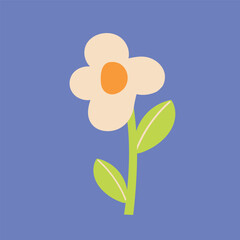 A simple icon of a white flower with a yellow center and green leaves. Botanical illustration for a decorative element in flat style.