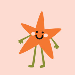 A cartoon orange star character with a happy face and limbs. Cute flat vector illustration for children's design.
