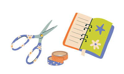 Stationery supplies for creative projects and handicrafts. Flat style vector.