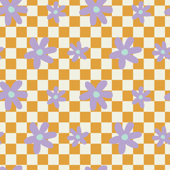 Retro pattern with daisies on a checkered background. Seamless vintage design in hippie style.