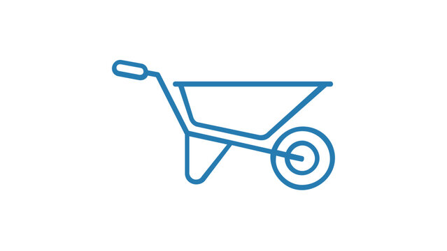 Blue line art vector icon of a wheelbarrow for construction, gardening, and landscaping projects, minimalist flat design illustration, scalable AI-generated graphic for building and site work.