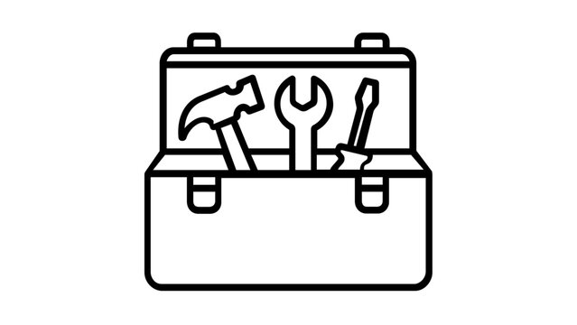 Minimalist black and white vector icon illustration of a construction toolbox containing a hammer, wrench, and screwdriver, perfect for DIY, repair, maintenance, and workshop projects.