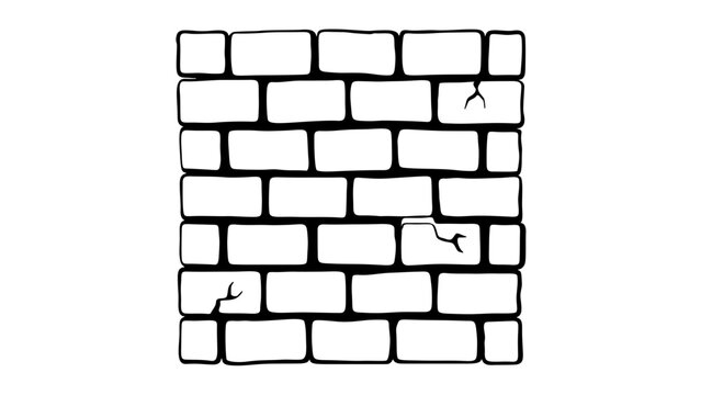 Minimalist Brick Wall Vector Icon Illustration with Cracks, Hand-Drawn Style Black and White Line Art for Construction, Masonry, Architecture, and Barrier Concepts, Scalable Flat Design
