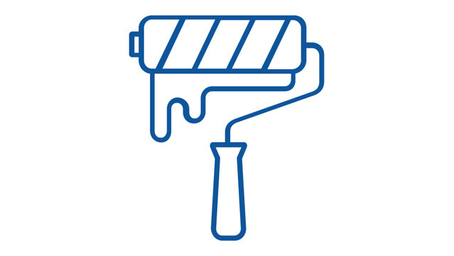 Blue minimalist paint roller vector icon illustration with dripping paint effect, flat line art design for construction, home renovation, DIY improvement, painting services, and interior design.