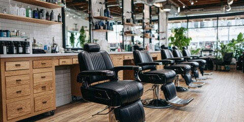 Obraz premium Modern Barbershop Interior with Rows of Black Leather Barber Chairs and Wooden Countertops.