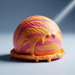Fototapeta premium Large scoop of creamy frozen dessert with gentle drips and soft melting texture on the surface, captured in a close-up high angle view, melting, artisanal, summer
