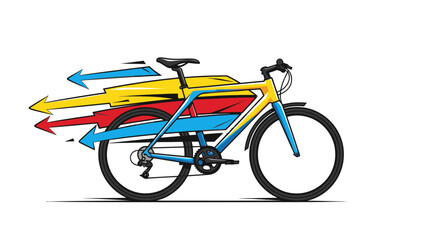Obraz premium Stylized vector illustration of a fast bicycle with colorful motion speed arrows on white.