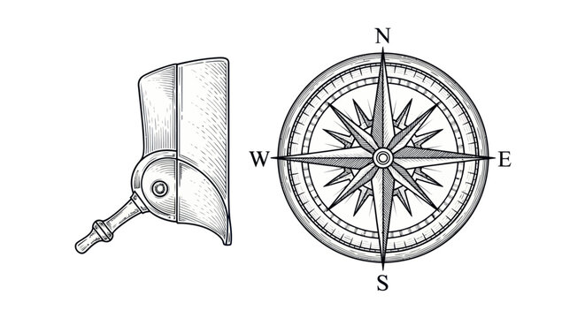Vintage nautical compass rose and binnacle engraving sketch
