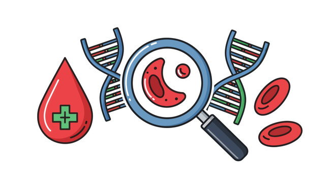 Sickle cell anemia genetic testing illustration with DNA helix and red blood cells