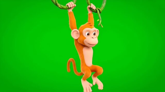 Adorable cartoon monkey swinging from vines on a vibrant green screen background, perfect for animation and creative projects