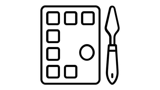 Vector icon illustration of a professional artist's paint palette with square wells and a palette knife tool, ideal for art, creativity, design, hobby, and painting projects, minimalist line art.