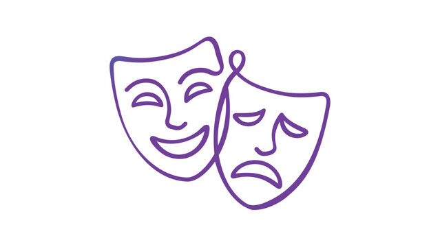 Minimalist continuous line art vector illustration of comedy and tragedy theater masks with a blue and purple gradient, perfect for drama, acting, performance, and creative arts concepts.