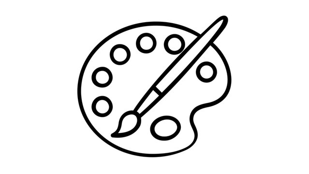 Minimalist painter's palette and paintbrush vector icon illustration. Professional black and white line art design for art, creativity, hobbies, and fine arts. Scalable flat graphic element.