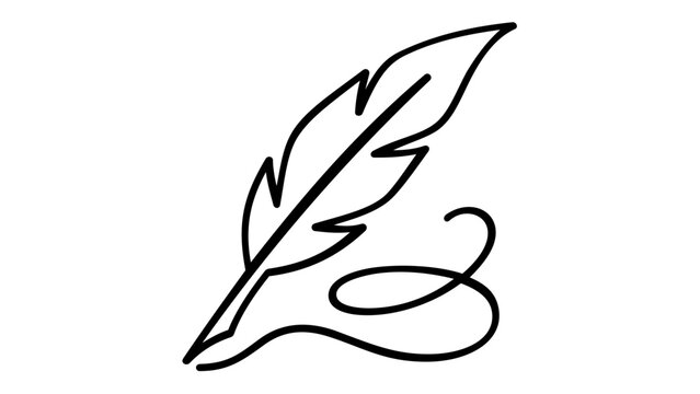 Elegant minimalist quill pen vector illustration featuring a decorative flourish swirl. This black line art icon represents literature, poetry, creative writing, and historical calligraphy.