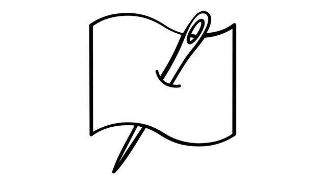 Minimalist black and white vector icon illustration of a sewing needle piercing through a piece of fabric or cloth, ideal for tailoring, embroidery, textile craft, and DIY handmade fashion design.
