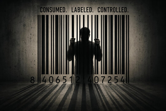 Consumerism concept &ndash; human trapped in barcode prison, modern slavery and control
