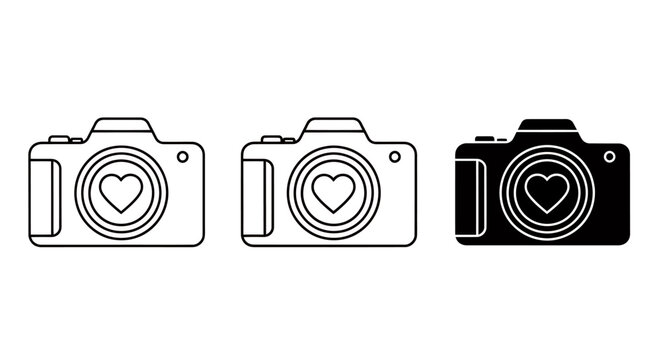 Three Silhouetted Camera Icons in Monochrome: Outline, Filled and Vector Set.