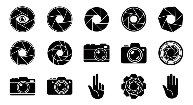 Collection of black circular shutter icons, camera symbols, hand gestures, and floral badges in a graphic resource set.