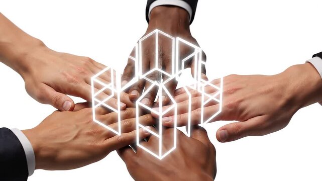 Diverse group of hands coming together to form a cube shape, symbolizing unity, teamwork, and collaboration