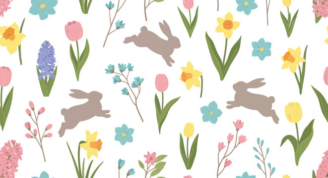 Seamless pattern with cute Easter bunnies and colorful spring flowers.