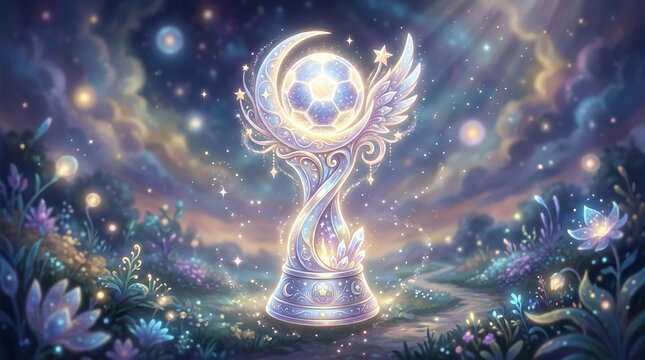 Magical trophy glowing under a starry sky surrounded by mystical flowers and clouds