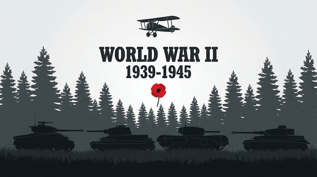 Silhouettes of Tanks and Vintage Plane Over Forest with World War Two Dates