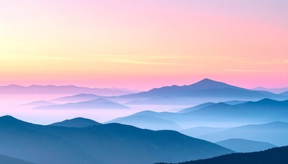 Obraz premium Pastel sunrise mountain landscape with layered hills and dreamy fog background