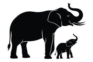 Fototapeta premium Silhouette of an elephant and calf: a tender moment in black and white