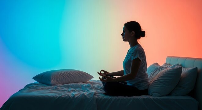 Serene meditation in a seated position on a soft bed with white linens and fluffy pillows, seeking relief from sleeplessness at night time, mental health, meditation, evening