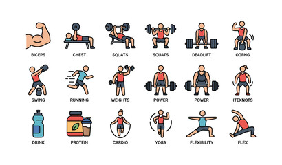Fototapeta premium Illustrated fitness icons: exercises, sports, and nutrition elements