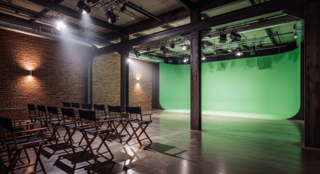 Green Screen Room Setup Stage Lighting Film Production Area Set Design Multimedia Space Empty Chairs Industrial Interior Movie Set Location Broadcast Studio Scenery